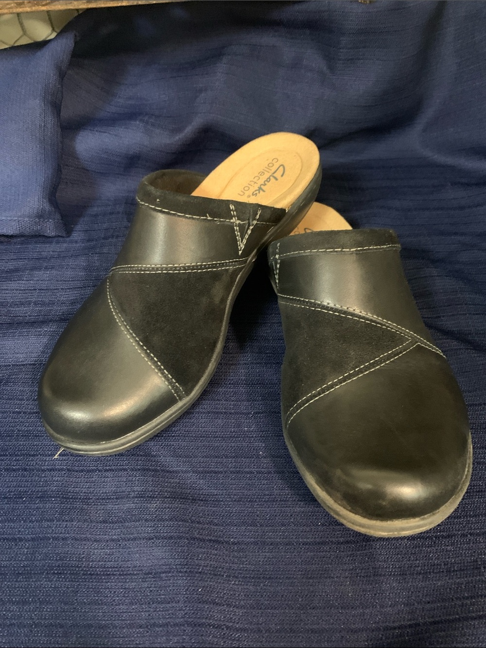Clarks Black Women's Slip-On Clogs with Stitch Detail